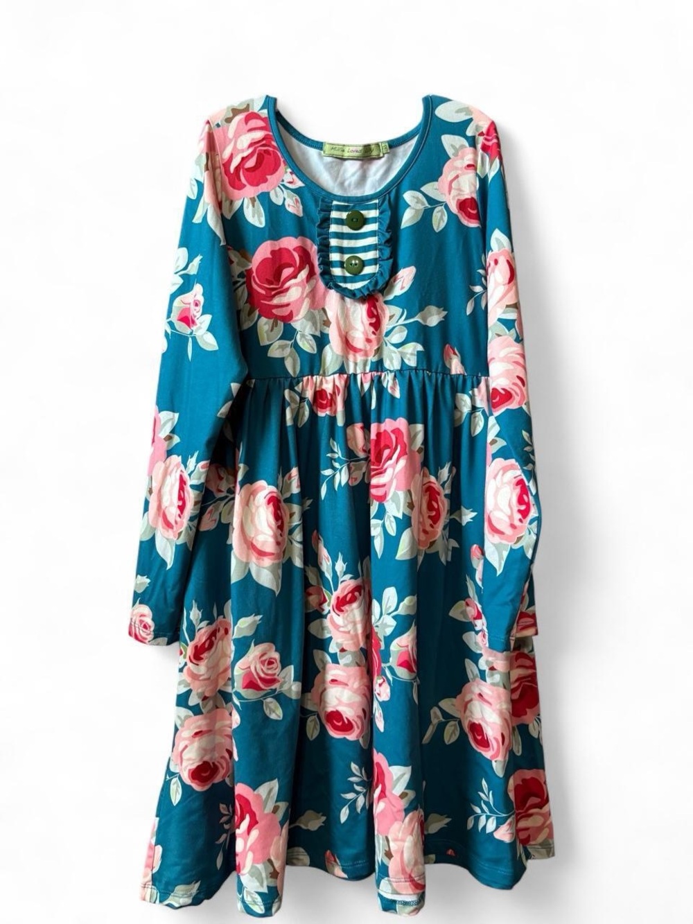 Girls Teal Floral Long-Sleeve Dress with Pink Rose Print